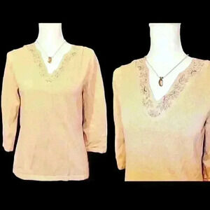 CROFT & BARROW Womans TAN / Lt BROWN Cotton Knit Top STRETCH Sweater size Sm